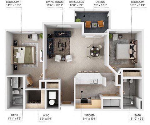 Floor plan for 2 beds, 2 baths, 1018 sqft